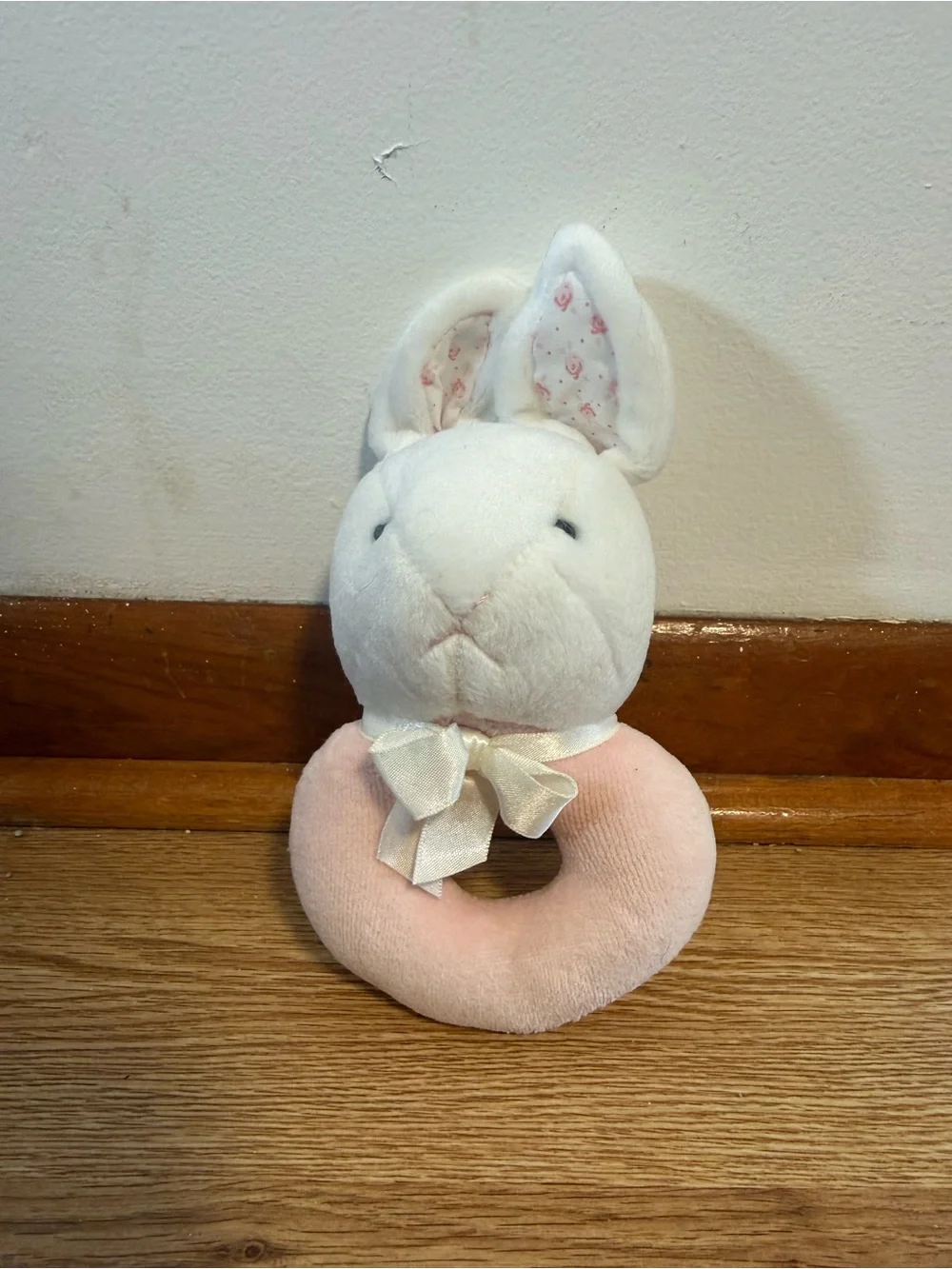 Vtg Carter's Plush Pink White Could Just Stay Little Bunny Rattle Ring Baby Toy